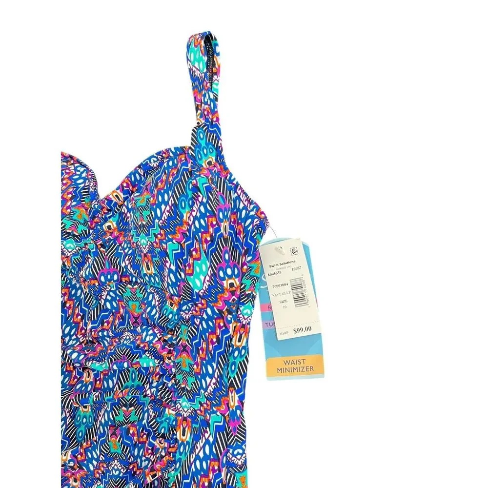 Swim Solutions Tummy Control Shirred Blue One Piece Swimsuit Size 10 Padded NWT - Picture 6 of 6